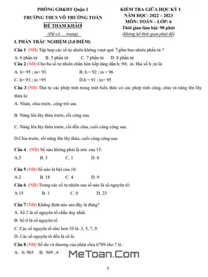 Đề Tham Khảo Giữa Kỳ 1 Toán 6 Năm 2022 - 2023 THCS Võ Trường Toản - TP HCM