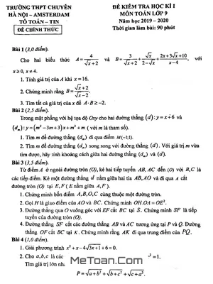 Đề thi HK1 Toán 9 năm 2019 - 2020 trường THPT chuyên Hà Nội - Amsterdam