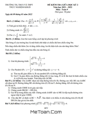 Đề kiểm tra giữa kỳ 2 Toán 9 năm 2021 - 2022 trường Thực Nghiệm KHGD - Hà Nội
