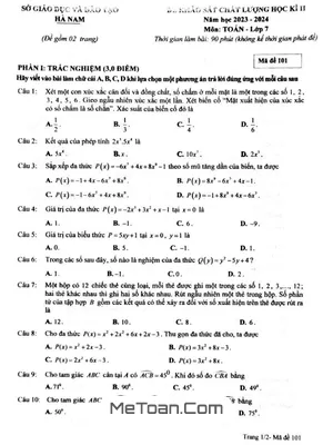 Đề khảo sát học kì 2 Toán 7 năm 2023 - 2024 Sở GD&ĐT Hà Nam