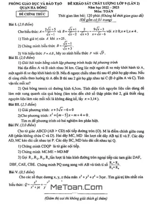 Đề khảo sát Toán 9 lần 2 năm 2022 – 2023 phòng GD&ĐT Hà Đông – Hà Nội