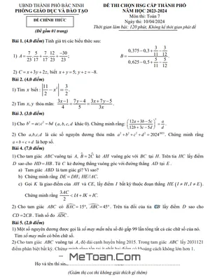 Đề thi chọn HSG Toán 7 năm 2023 - 2024 phòng GD&ĐT thành phố Bắc Ninh