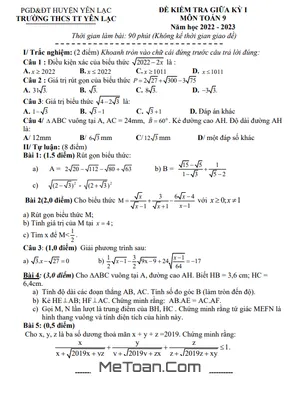 Đề thi giữa kỳ 1 Toán 9 năm 2022 - 2023 trường THCS TT Yên Lạc - Vĩnh Phúc