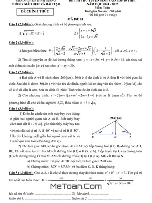 Đề thi thử Toán vào lớp 10 năm 2024 - 2025 phòng GD&ĐT Bình Giang - Hải Dương