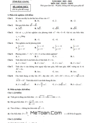 Đề thi tuyển sinh lớp 10 môn Toán năm 2022 - 2023 Sở GD&ĐT Hậu Giang