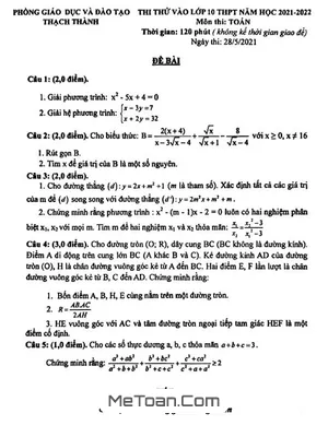 Đề thi thử Toán vào lớp 10 năm 2021 - 2022 phòng GD&ĐT Thạch Thành, Thanh Hóa