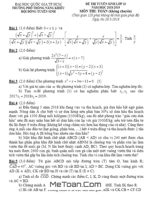 Đề thi tuyển sinh lớp 10 môn Toán trường PTNK TP. HCM năm 2018 - 2019 (không chuyên)