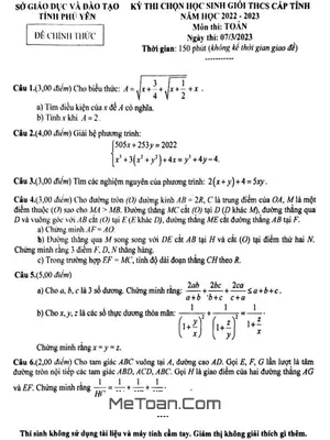Đề thi học sinh giỏi cấp tỉnh môn Toán THCS năm 2022 - 2023 - Sở GD&ĐT Phú Yên