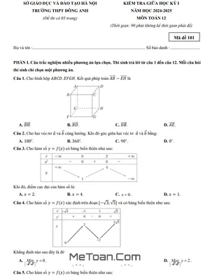 Đề thi giữa học kỳ 1 Toán 12 năm 2024 - 2025 trường THPT Đông Anh - Hà Nội