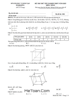 Đề Thi Thử Tốt Nghiệp THPT Năm 2025 Môn Toán Sở GD&ĐT Hải Dương