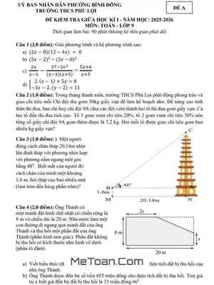 Tải Đề Thi Giữa Kì 1 Toán 9 Năm 2025 - 2026 Trường THCS Phú Lợi, TPHCM (Có Đáp Án)