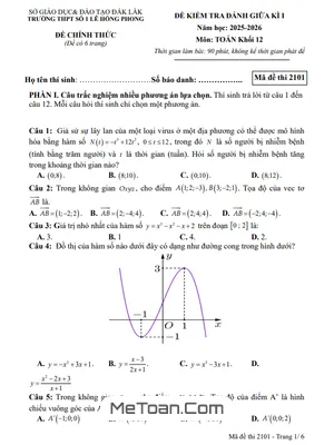Đề thi giữa kì 1 Toán 12 năm 2025 – 2026 trường THPT Lê Hồng Phong 1 – Đắk Lắk (Có Đáp Án)