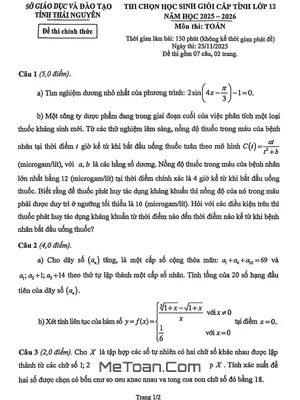 Đề thi chọn học sinh giỏi cấp tỉnh Toán 12 năm 2025 – 2026 sở GD&ĐT Thái Nguyên
