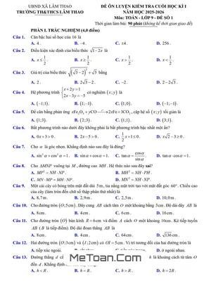 Đề ôn luyện Toán 9 cuối học kì 1 năm 2025 - 2026 trường TH&THCS Lâm Thao