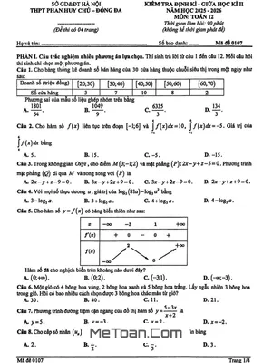 Đề Giữa Học Kì 2 Toán 12 Năm 2025 – 2026 Trường THPT Phan Huy Chú – Hà Nội