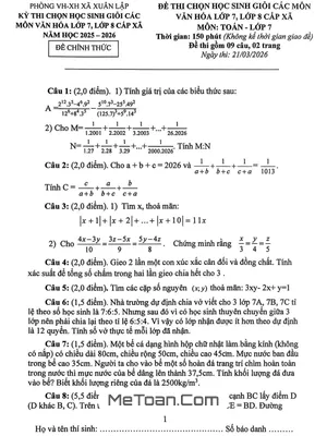 Đề Thi Tuyển Chọn Học Sinh Giỏi Toán 7 Xuân Lập, Thanh Hóa Năm 2025-2026