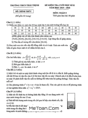 Đề Thi Cuối Học Kỳ 2 Toán Lớp 9 Năm 2025-2026 Trường THCS Thái Thịnh, Hà Nội