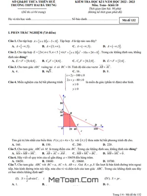 Đề thi học kì 1 Toán 10 năm 2022 – 2023 trường THPT Hai Bà Trưng – TT Huế