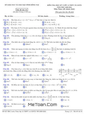 Đề kiểm tra học kỳ 1 Toán 12 năm học 2020 – 2021 sở GD&ĐT Đồng Nai
