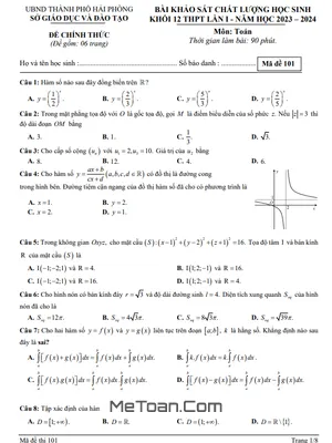 Đề khảo sát chất lượng Toán 12 lần 1 năm 2023 – 2024 sở GD&ĐT Hải Phòng
