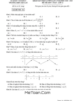 Đề khảo sát chất lượng Toán 12 lần 1 năm 2019 - 2020 trường Yên Lạc - Vĩnh Phúc