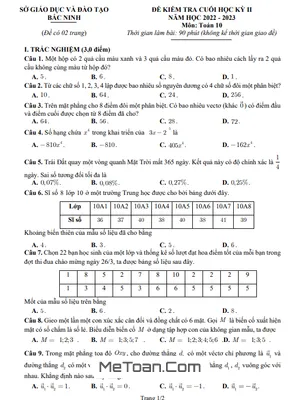 Đề kiểm tra cuối kỳ 2 Toán 10 năm 2022 - 2023 sở GD&ĐT Bắc Ninh
