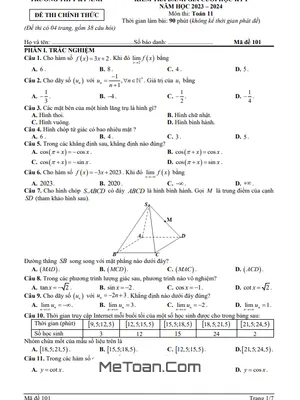 Đề thi học kỳ 1 Toán 11 năm 2023 - 2024 trường THPT Kỳ Anh - Hà Tĩnh