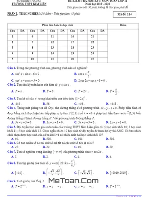Đề thi học kỳ 1 Toán 11 năm 2019 - 2020 trường THPT Kim Liên - Hà Nội