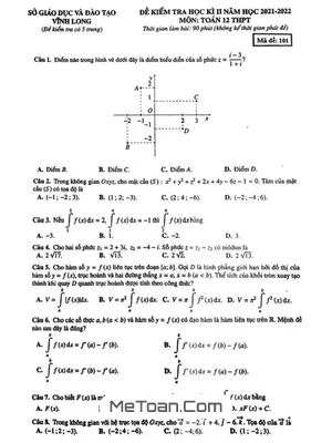 Đề thi học kì 2 Toán 12 năm 2021 - 2022 sở GD&ĐT Vĩnh Long [có đáp án]