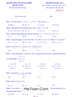 Đề thi HK2 Toán 12 năm 2016 - 2017 trường THPT Nguyễn Gia Thiều - Hà Nội