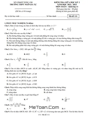 Đề giữa học kỳ 2 Toán 11 năm 2022 – 2023 trường THPT Ngô Gia Tự – Đắk Lắk