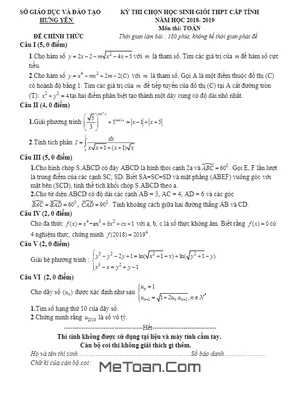 Đề thi chọn HSG Toán THPT cấp tỉnh năm 2018 - 2019 sở GD&ĐT Hưng Yên