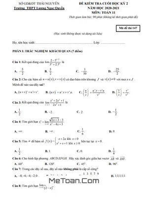 Đề thi HK2 Toán 11 năm 2020 - 2021 trường Lương Ngọc Quyến - Thái Nguyên