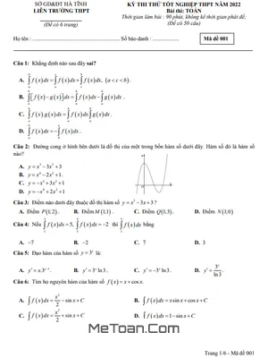 Đề thi thử tốt nghiệp THPT năm 2022 môn Toán liên trường THPT - Hà Tĩnh