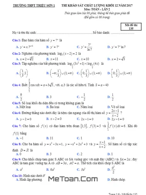 Đề Thi Thử THPT Quốc Gia 2017 Môn Toán Trường THPT Triệu Sơn 1 - Thanh Hóa Lần 2