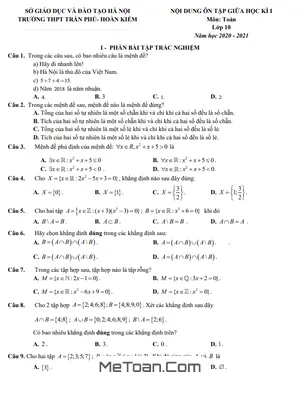 Ôn Tập Giữa Kì 1 Toán 10 Năm 2020 - 2021 Trường THPT Trần Phú - Hà Nội