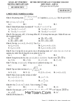 Đề thi chuyên đề Toán 10 lần 3 năm 2018 - 2019 trường Liễn Sơn - Vĩnh Phúc (có đáp án)