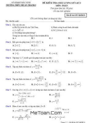 Đề kiểm tra chất lượng giữa kỳ I môn Toán lớp 10 trường THPT Thuận Thành 3 - Bắc Ninh