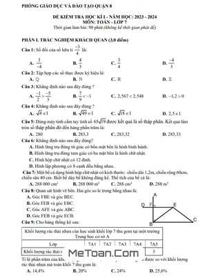 Đề thi học kì 1 Toán 7 năm 2023 - 2024 phòng GD&ĐT Quận 8 - TP.HCM