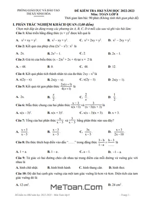 Đề thi học kì 1 Toán 8 năm 2022 - 2023 phòng GD&ĐT Ninh Hòa - Khánh Hòa
