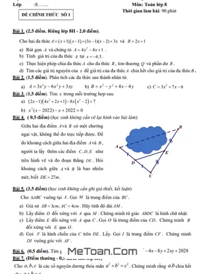 Đề giữa học kỳ 1 Toán 8 năm 2022 – 2023 trường THCS Trưng Vương – Hà Nội