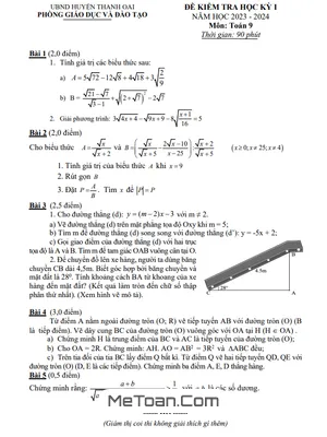 Đề thi học kỳ 1 Toán 9 năm 2023 - 2024 phòng GD&ĐT Thanh Oai - Hà Nội