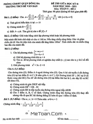 Đề thi giữa kỳ 2 Toán 9 năm 2020 - 2021 trường Bế Văn Đàn - Hà Nội