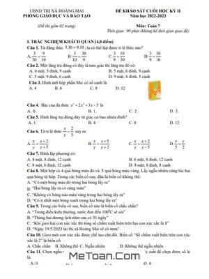 Đề thi học kỳ 2 Toán 7 năm 2022 - 2023 phòng GD&ĐT Hoàng Mai - Nghệ An