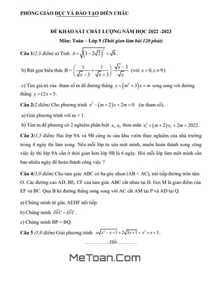 Đề khảo sát Toán 9 năm 2022 - 2023 phòng GD&ĐT Diễn Châu - Nghệ An