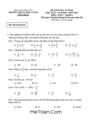 Đề Tham Khảo Cuối Kỳ 2 Toán 6 Năm 2023 - 2024 Phòng GD&ĐT Bình Tân - TP HCM