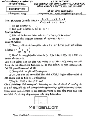 Đề Olympic Toán 8 Đợt 1 Năm 2022 - 2023 Phòng GD&ĐT Ứng Hòa - Hà Nội