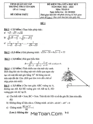 Đề thi giữa kì 1 Toán 9 năm 2022 - 2023 trường THCS Tân Sơn - TP HCM