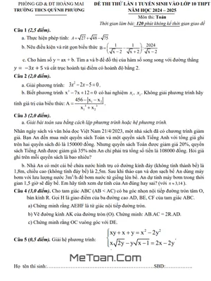 Đề thi thử Toán vào 10 lần 1 năm 2024 - 2025 trường THCS Quỳnh Phương - Nghệ An