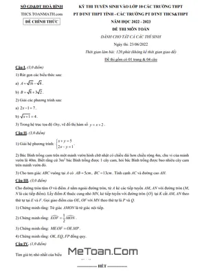 Đề Thi Tuyển Sinh Lớp 10 Môn Toán Năm 2022 - 2023 Sở GD&ĐT Hòa Bình